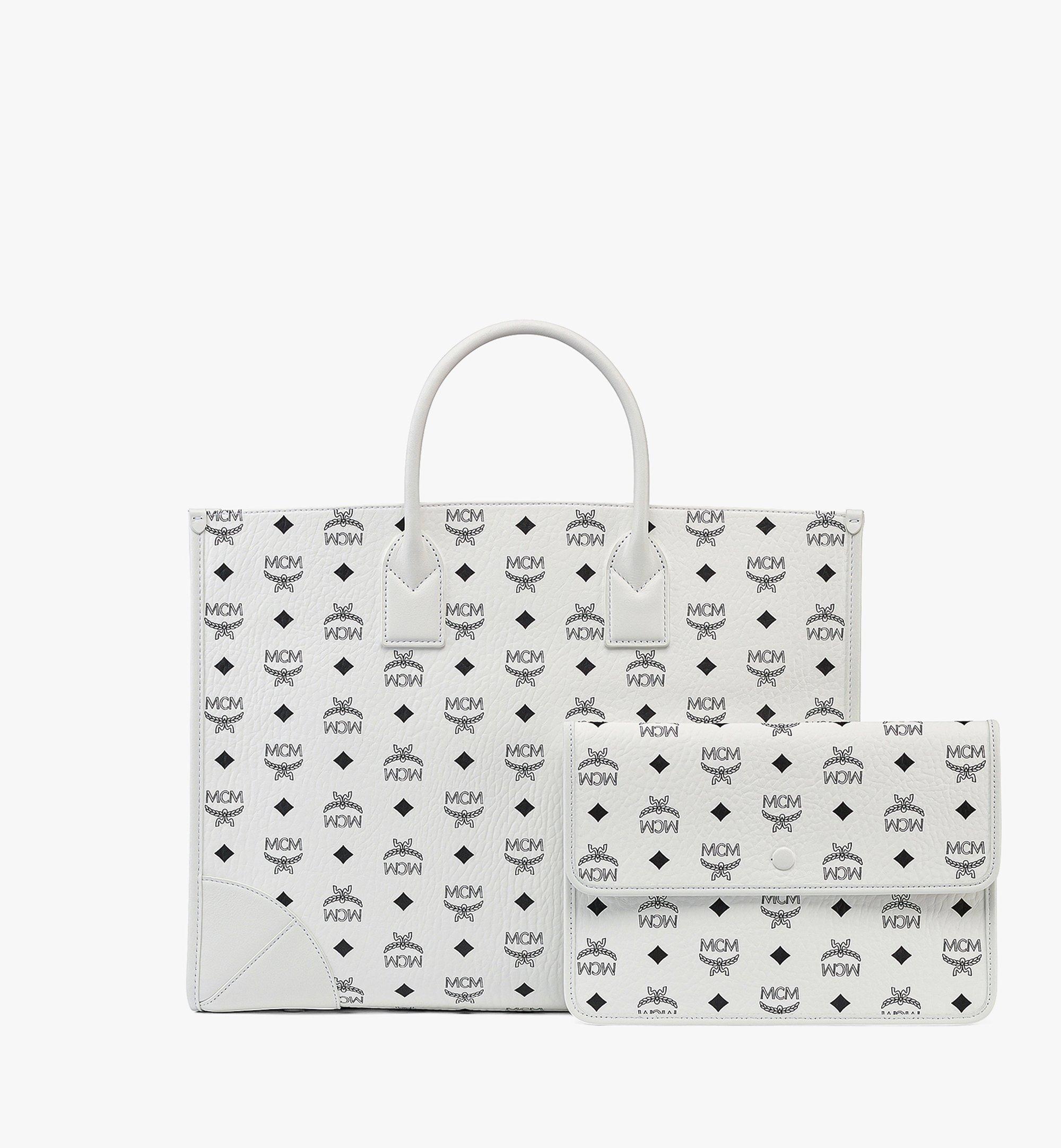 MCM Visetos Striped Munich Lion Tote White