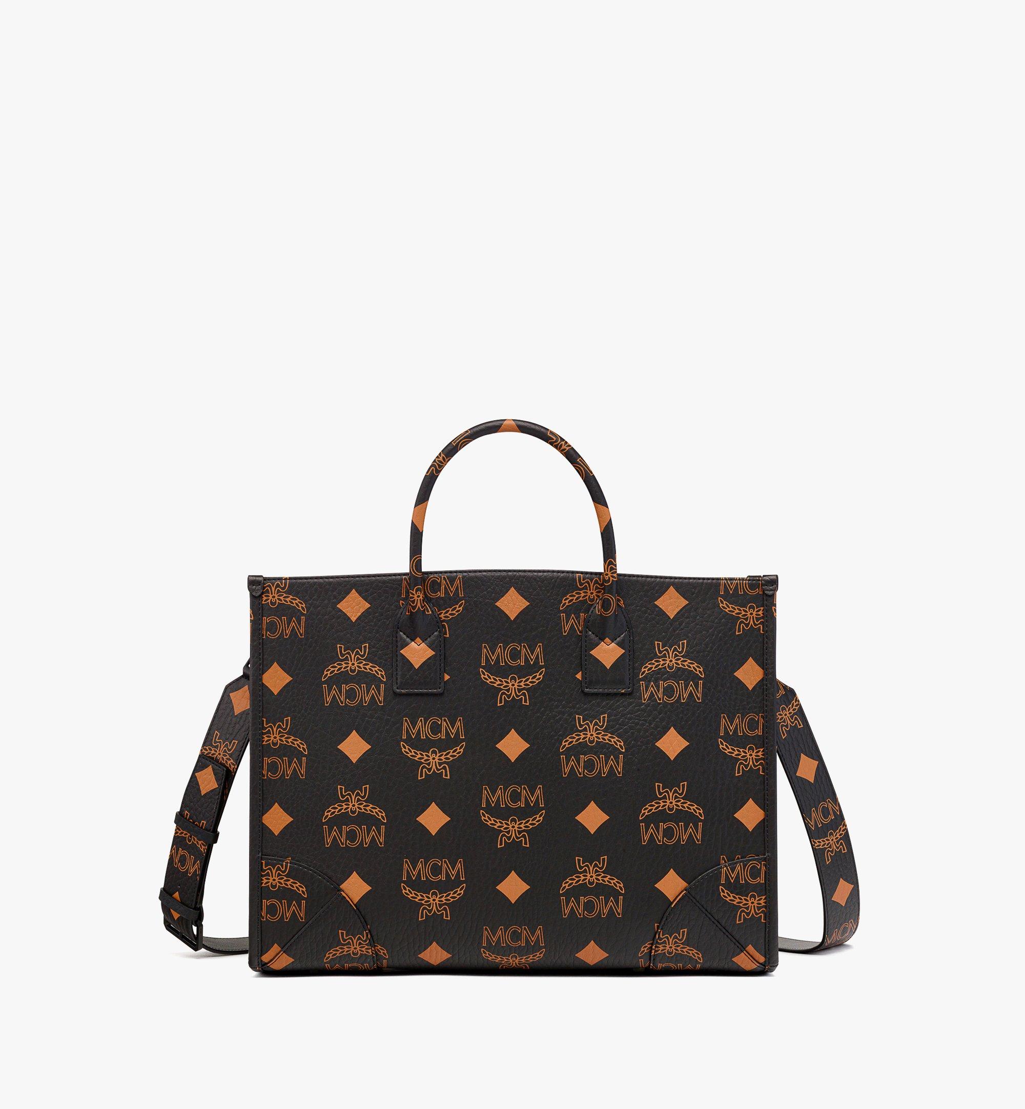 MCM LARGE MUNCHEN TOTE IN MAXI VISETOS BLACK/COGNAC – Enzo