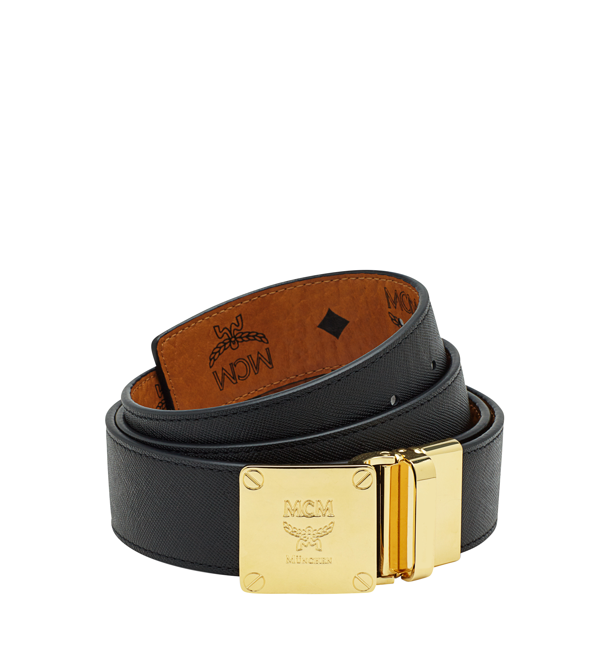 MCM Ceinture à boucle or et plaque en laiton 3,81 cm en Visetos Cognac MXB6SVI95CO130 Plus de photos 1