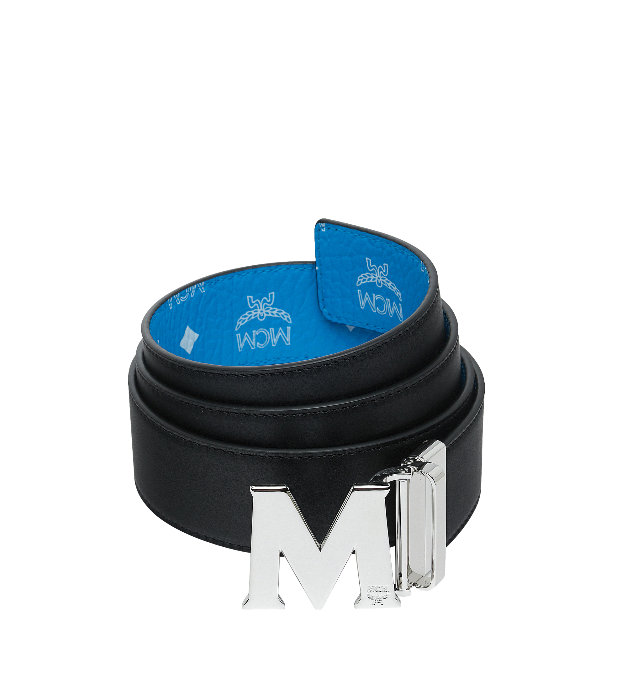 blue and white mcm belt