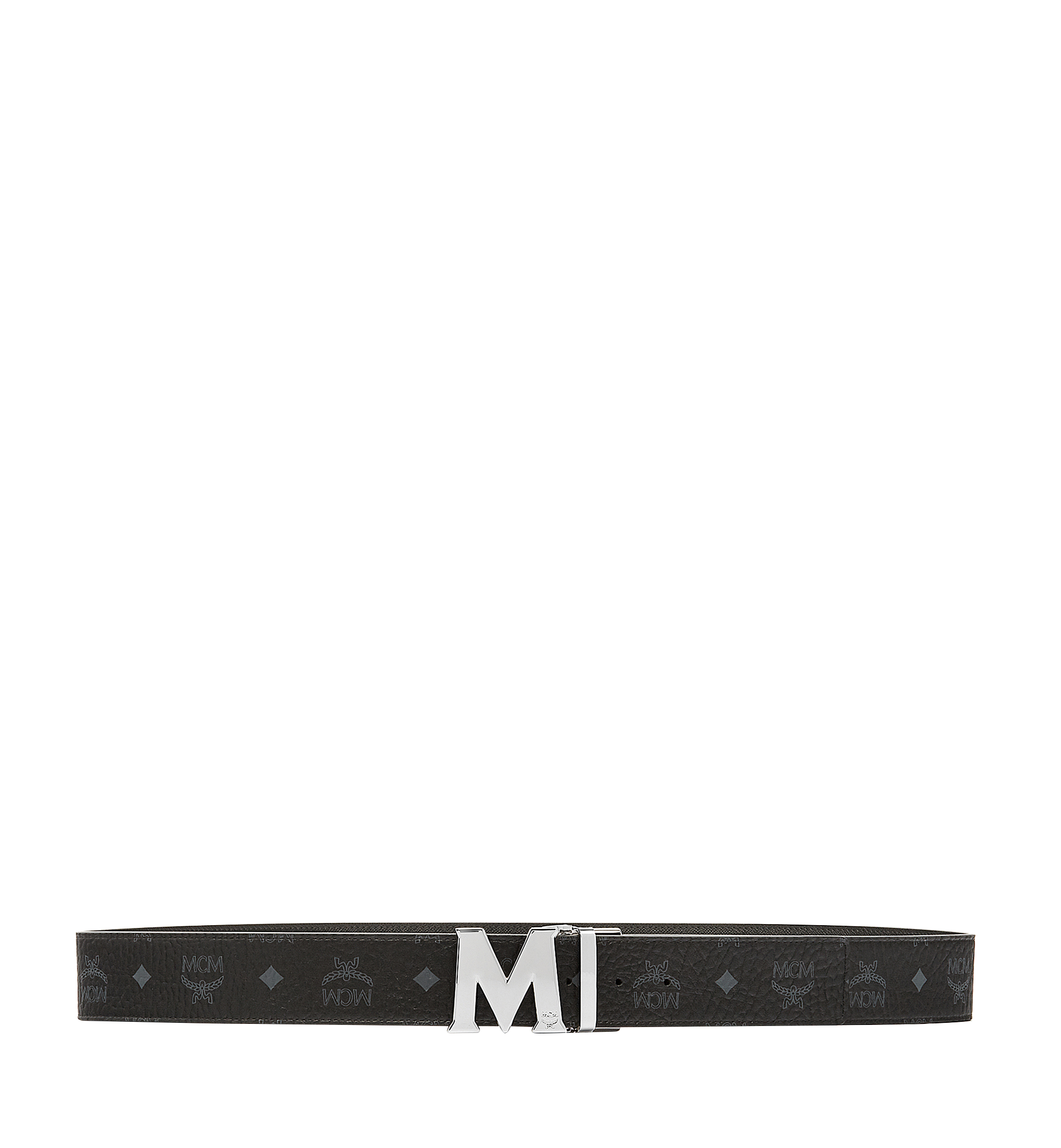 Shop MCM Claus M Reversible Belt in Black Logo Visetos