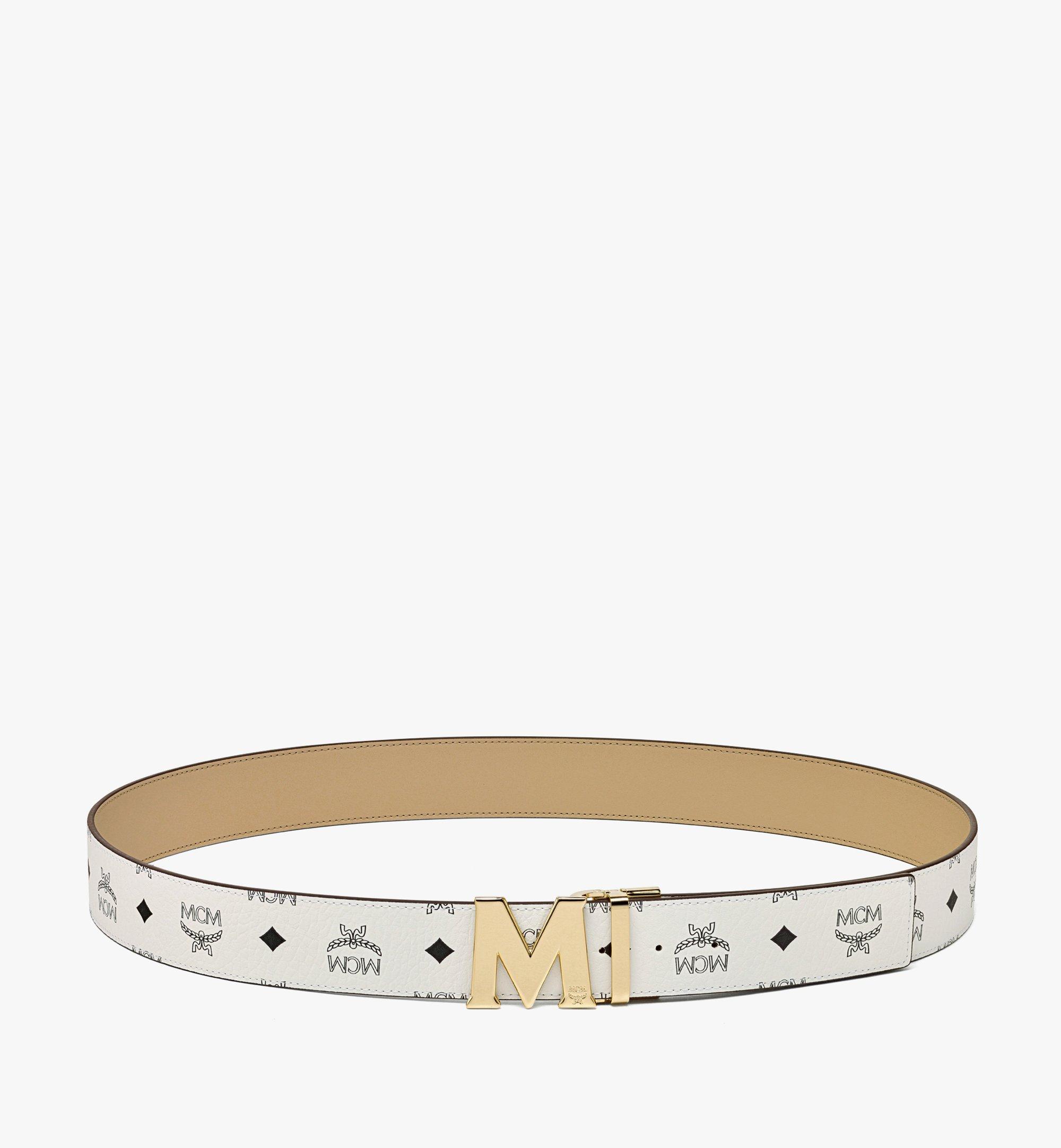 Shop MCM Claus M Reversible Belt in Black Logo Visetos