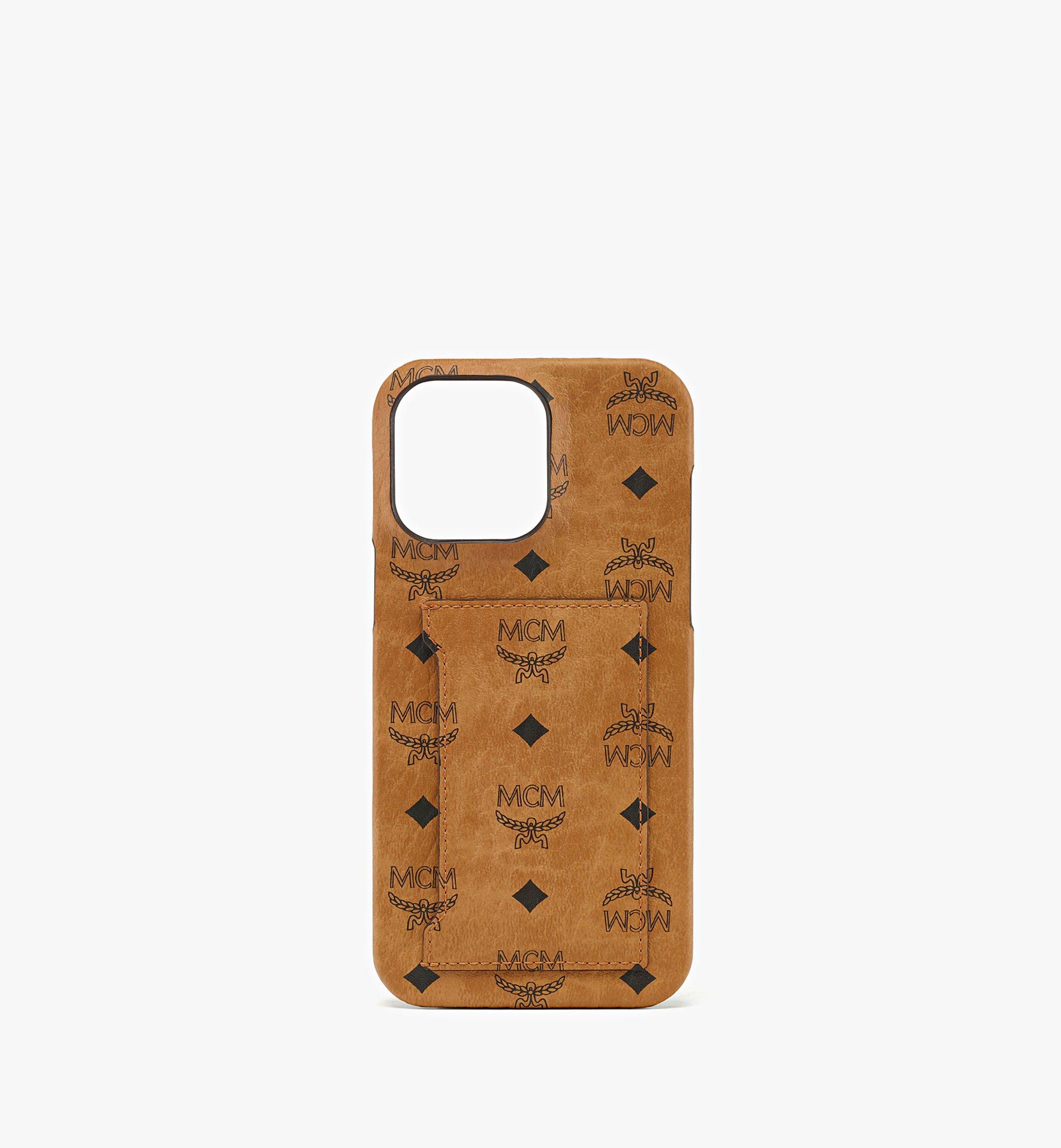 Mcm Iphone 14 Pro Max Case W/ Card Slot In Visetos In Cognac