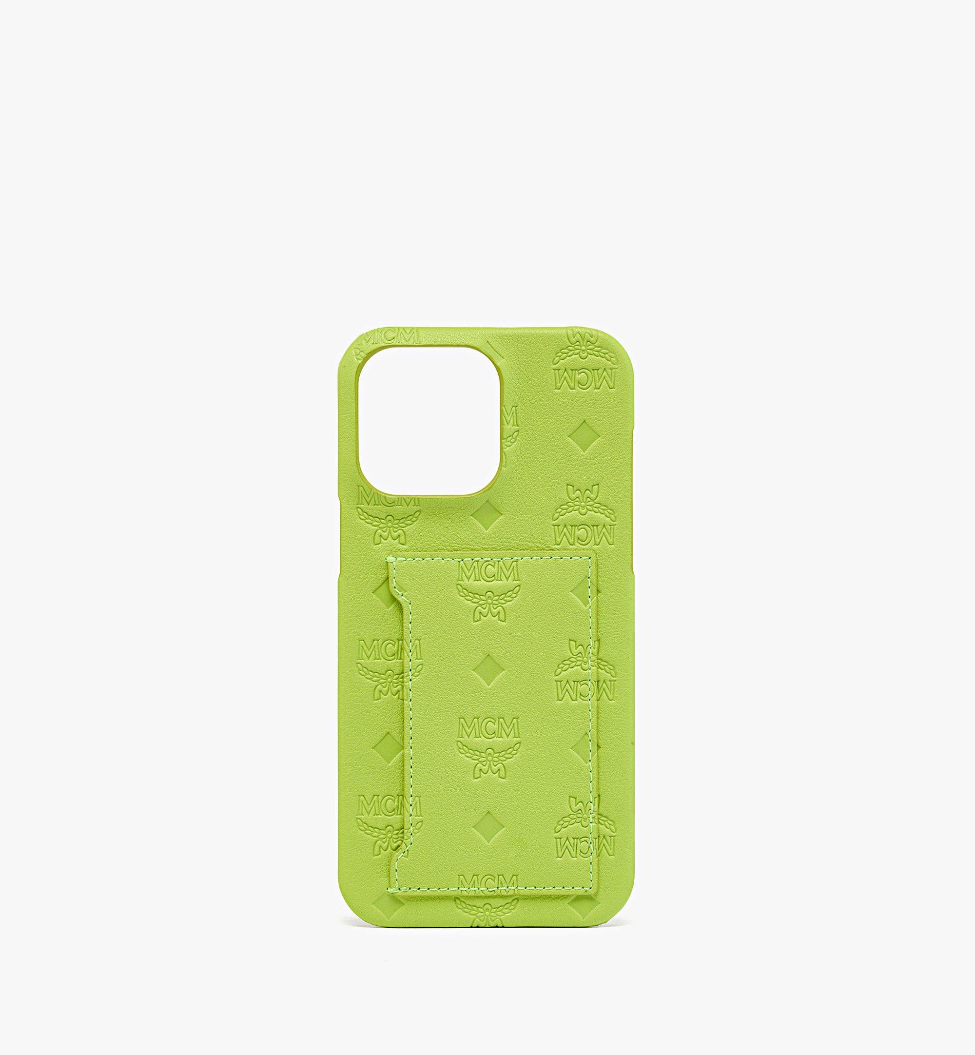 Mcm Iphone 14 Pro Max Case In Embossed Monogram Leather In Acid Lime