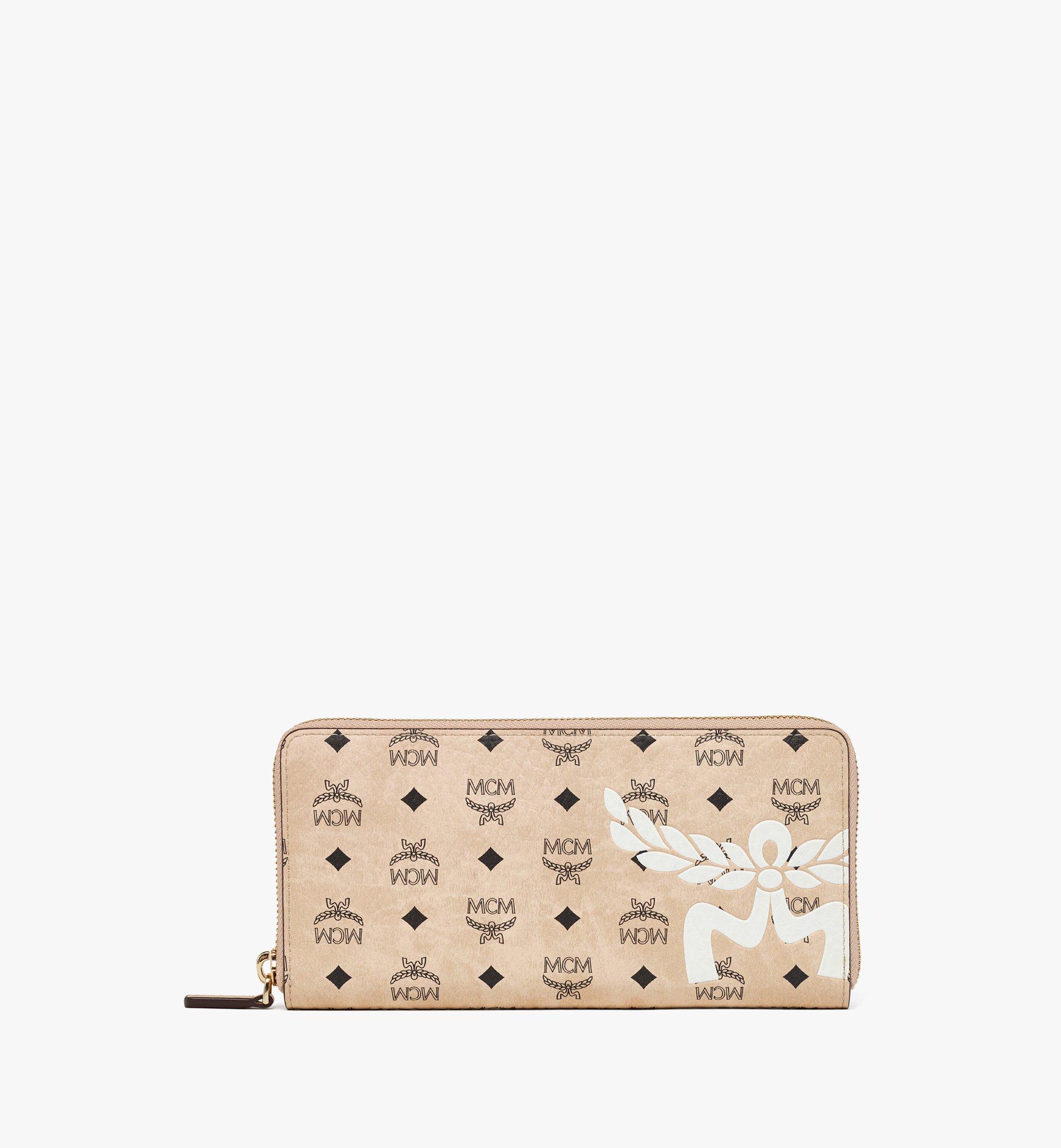 Mcm Aren Zip Around Wallet In Mega Laurel Visetos In Neutral