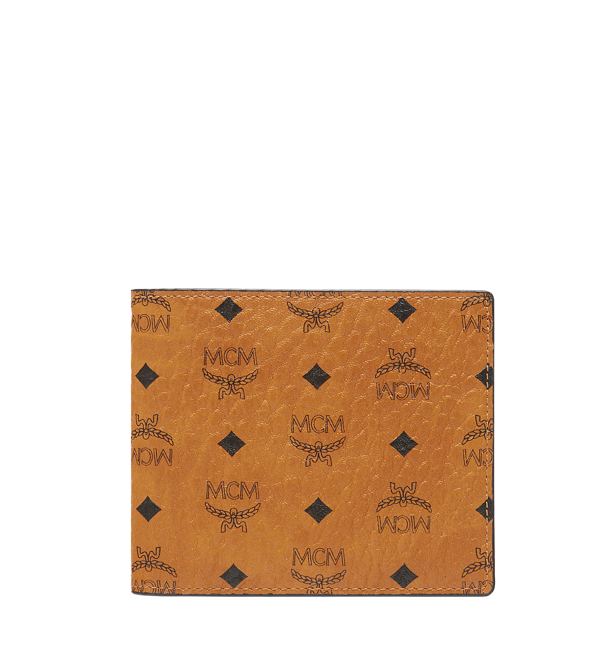 MCM Bifold Visetos Leather Zip Card Wallet Cognac