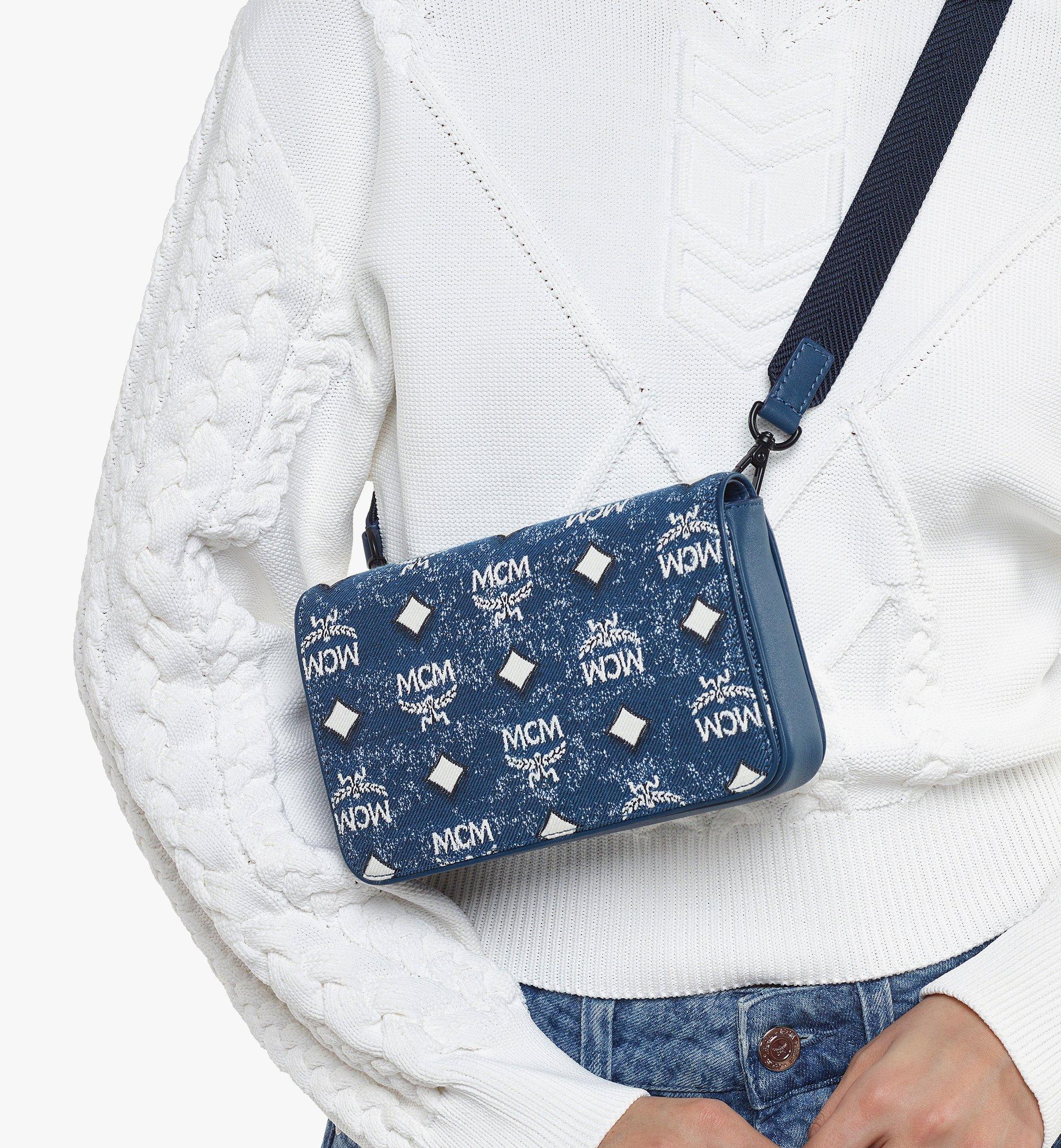 MCM Camera Klara Monogram Embossed Blue Leather Shoulder Bag - MyDesignerly