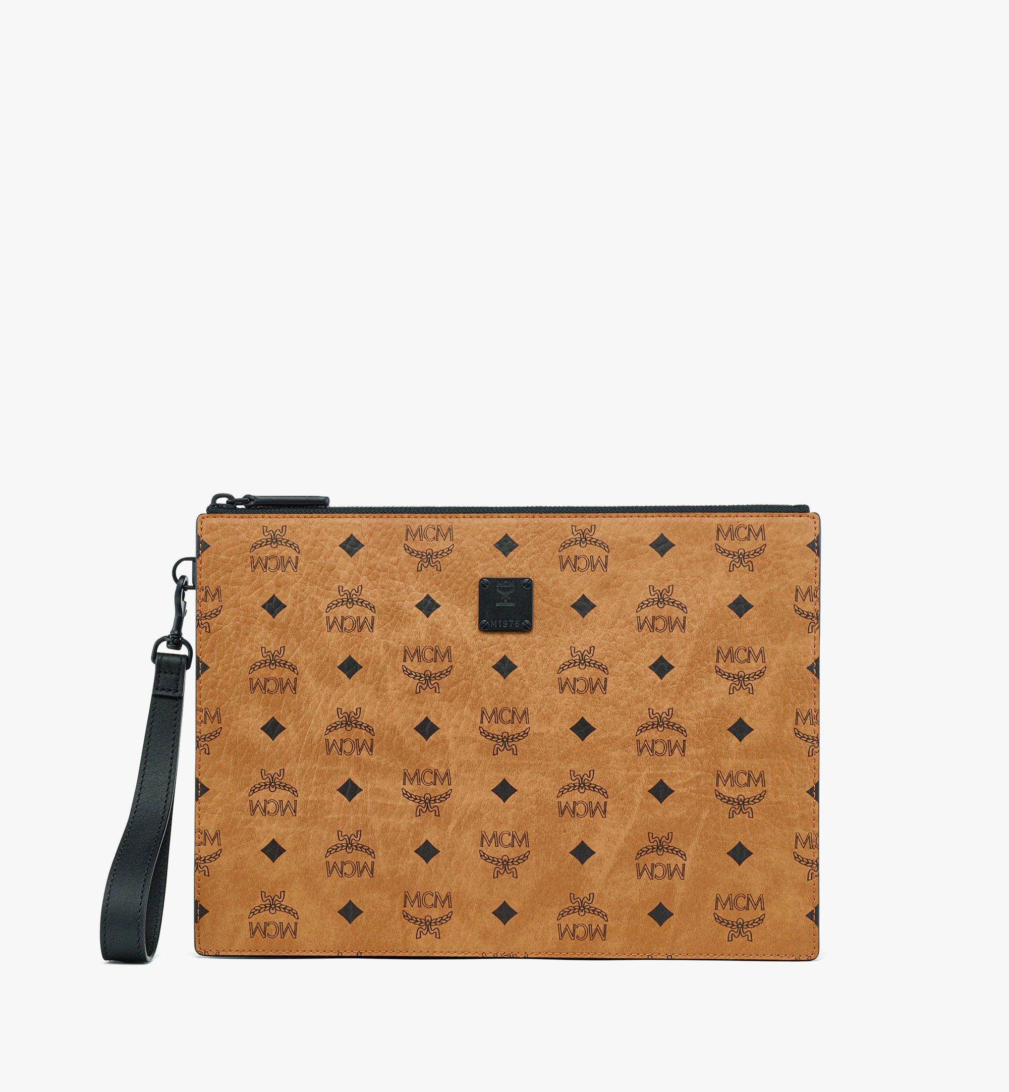 Mcm Aren Wristlet Zip Pouch In Visetos In Cognac