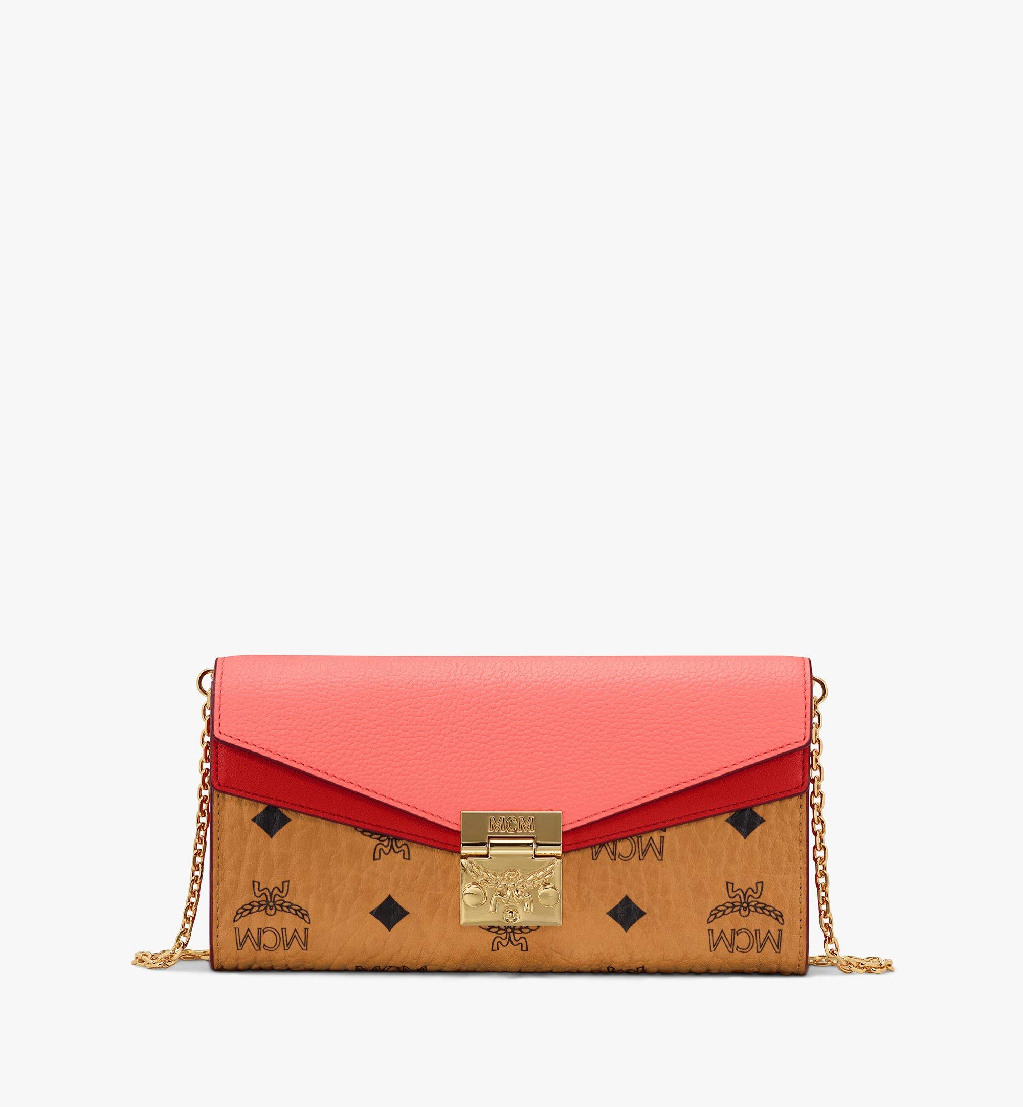 Mcm Patricia Crossbody Wallet In Color Block Leather In Hot Coral