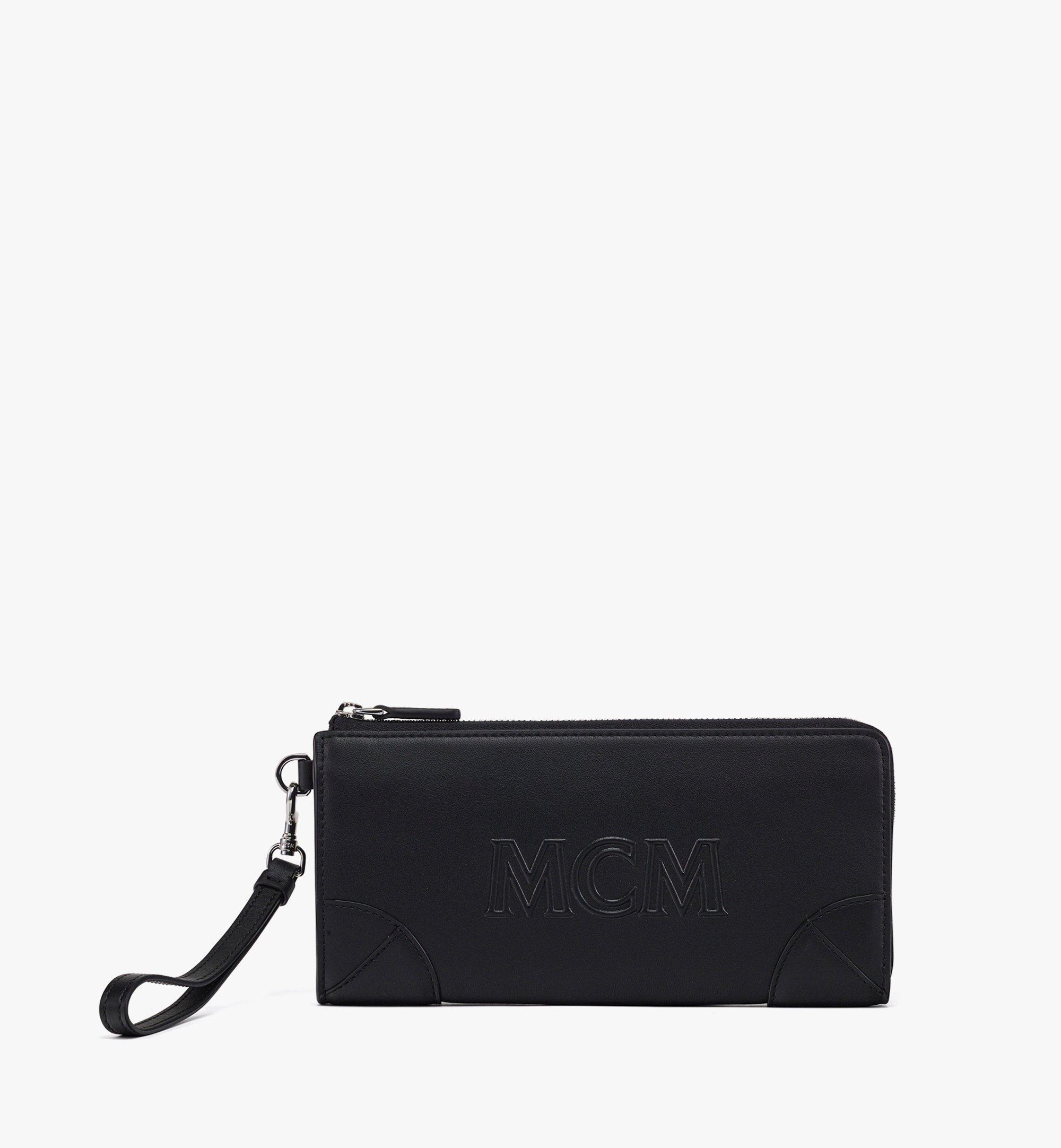 MCM Aren Mini Embossed Monogram Zip Wallet Black