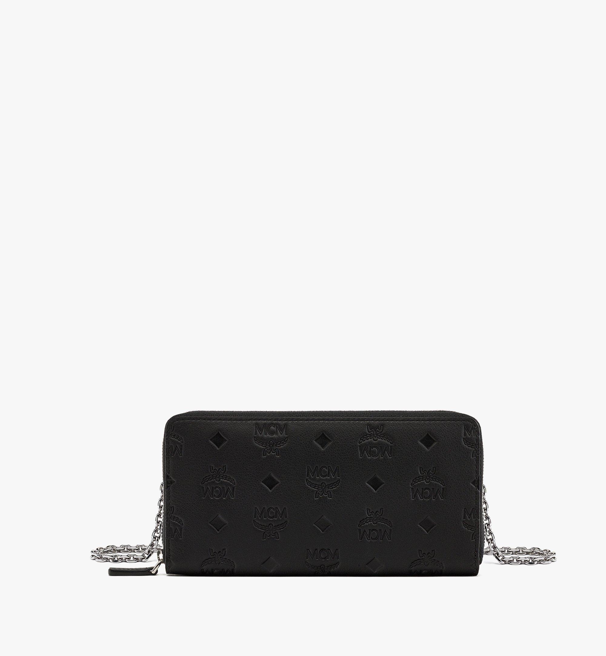 Portefeuille zippé à bandoulière chaîne Aren en cuir monogrammé embossé