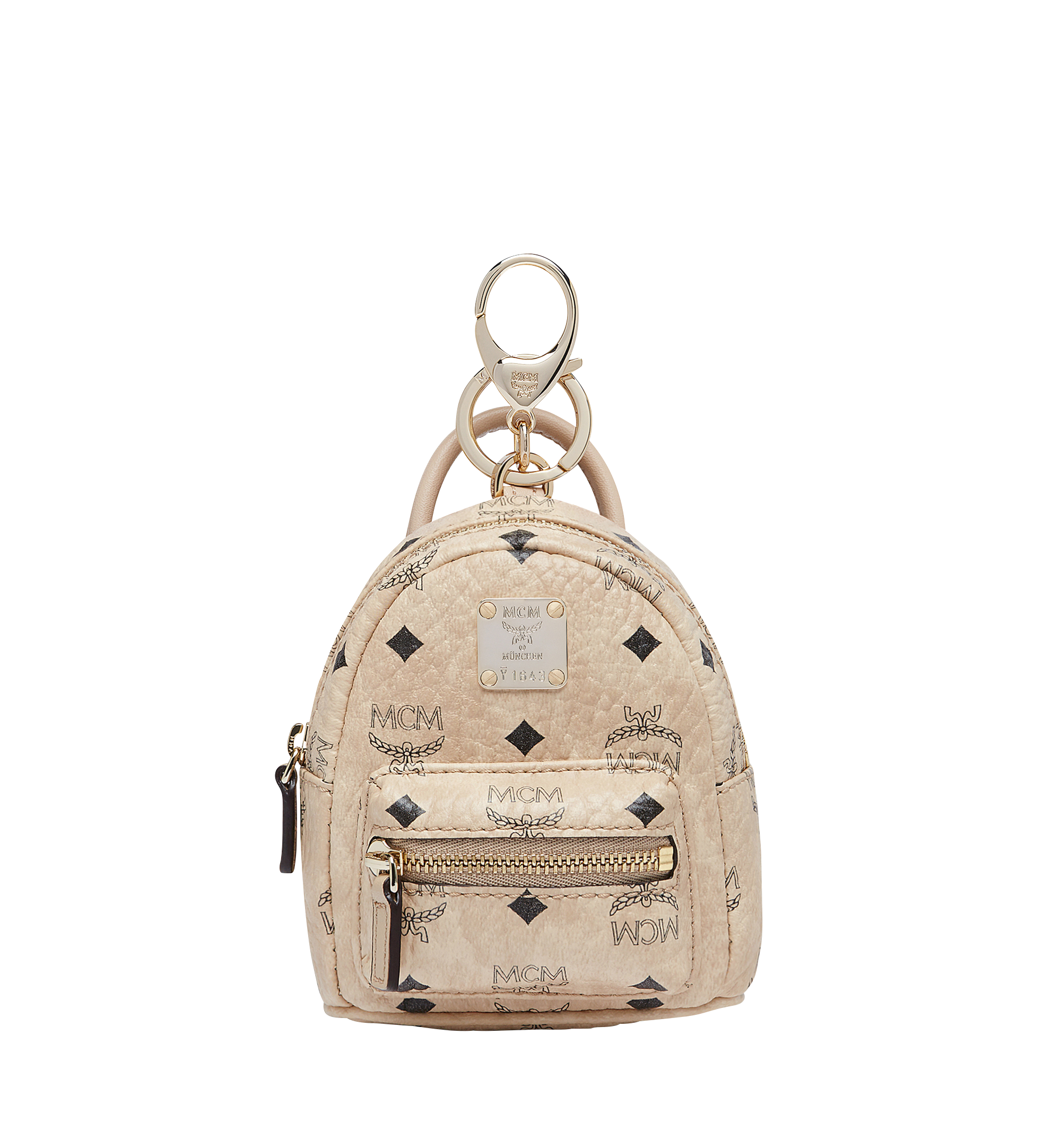 MCM Visetos Backpack Key Ring Bag Charm Beige 1186382