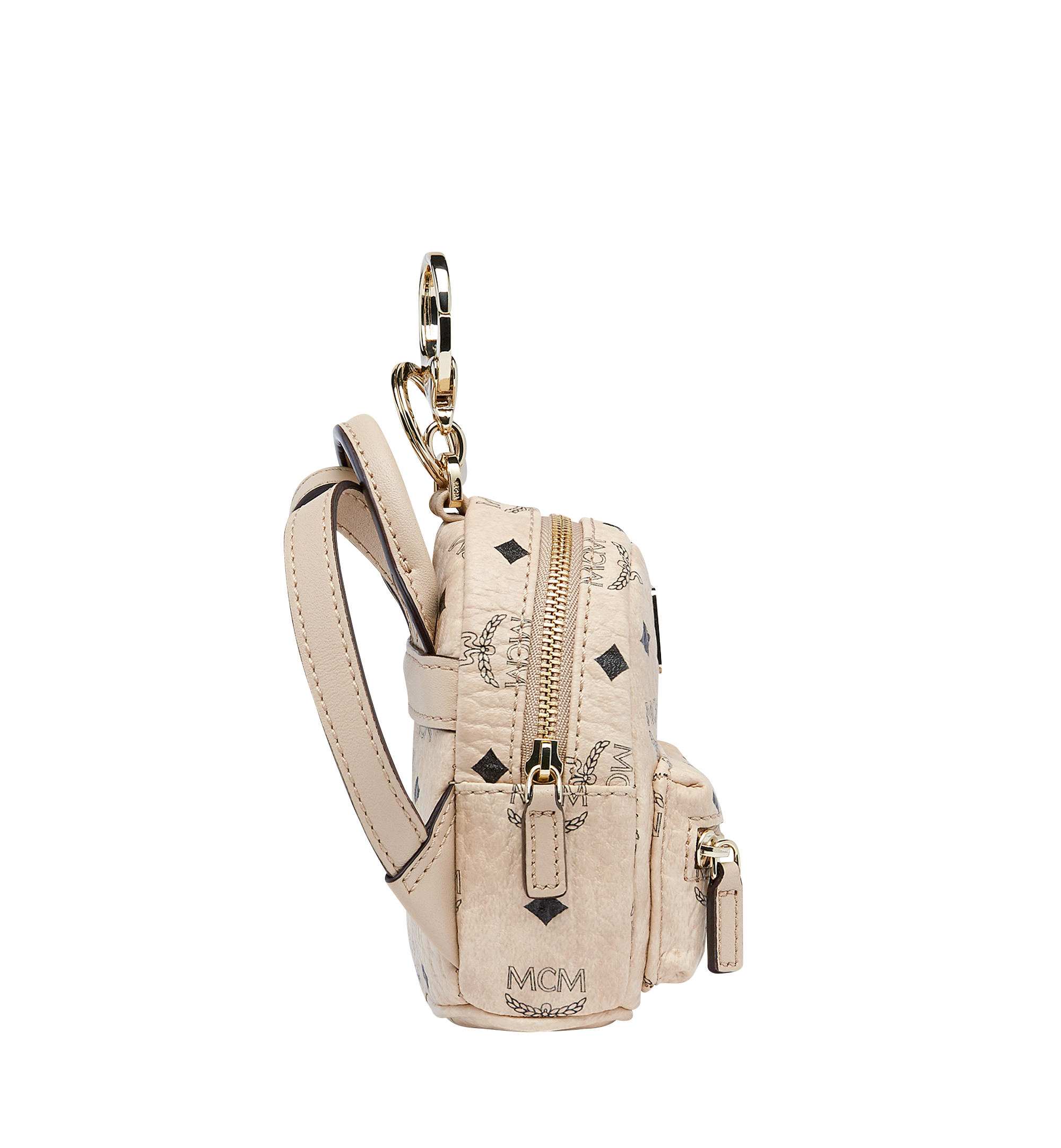 MCM Visetos Backpack Key Ring Bag Charm Beige 1186382