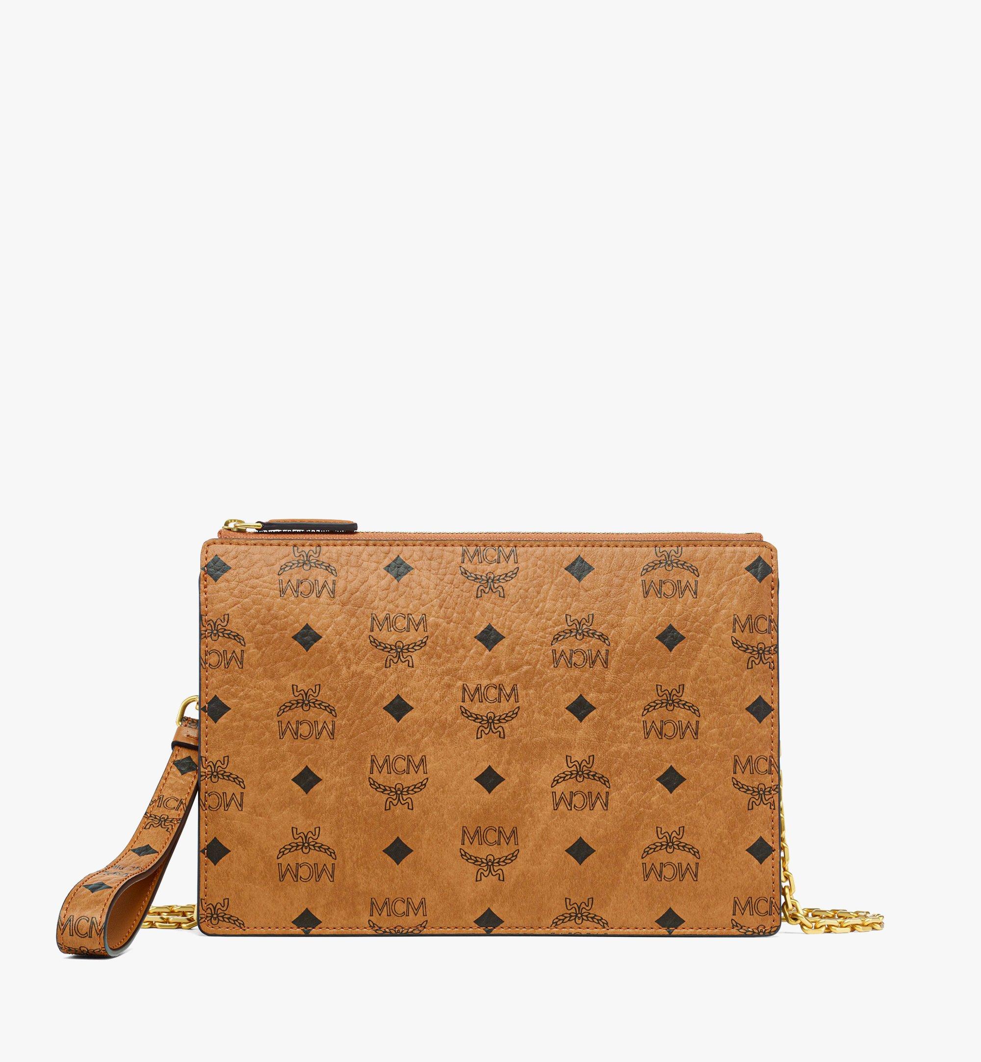 Small Wristlet Standing Pouch w/ Chain Strap in Visetos Cognac MCM ®UK