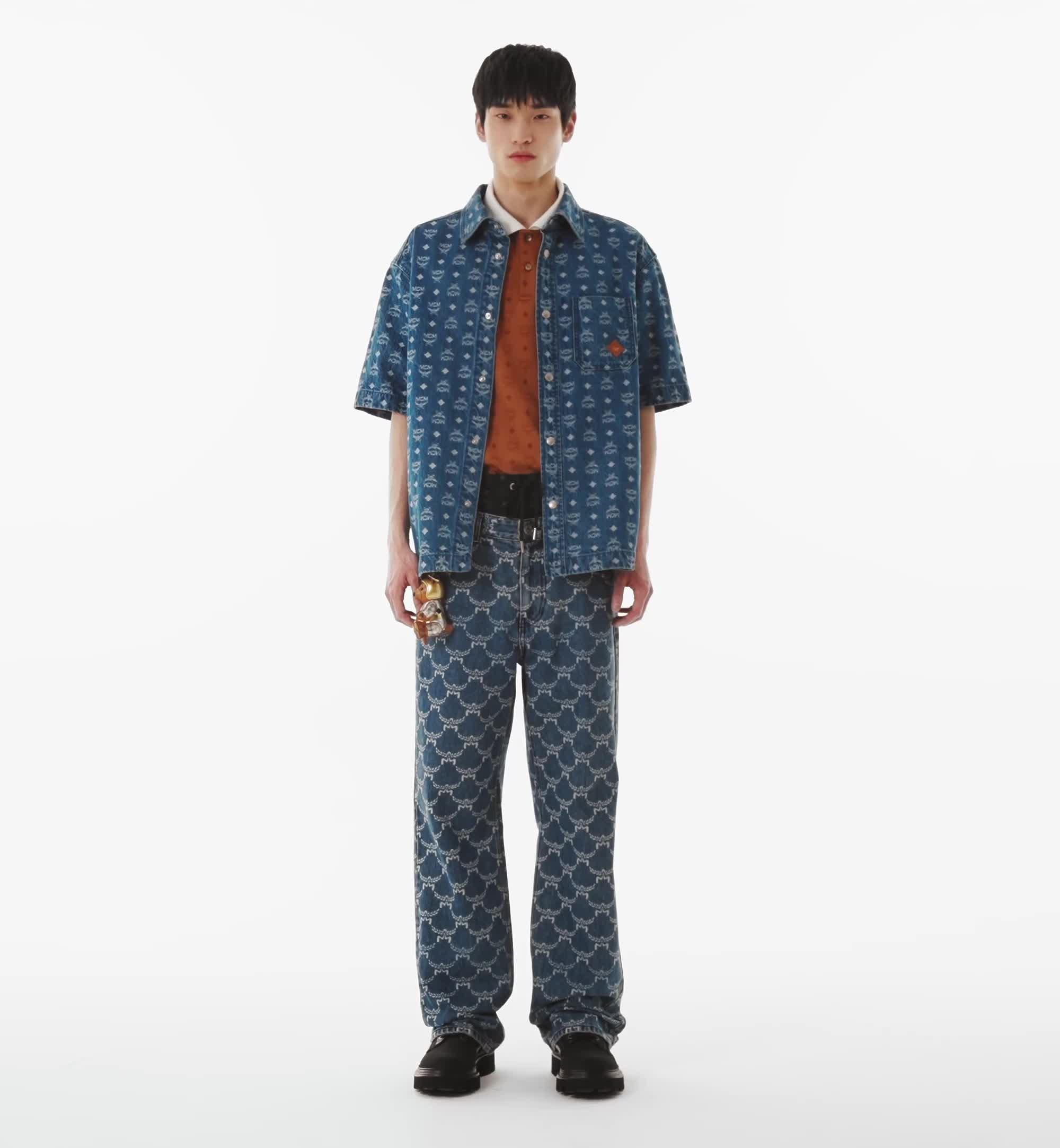 m_hm☆ 46 IT Monogram Shirt in Denim Jacquard Blue | MCM ®US