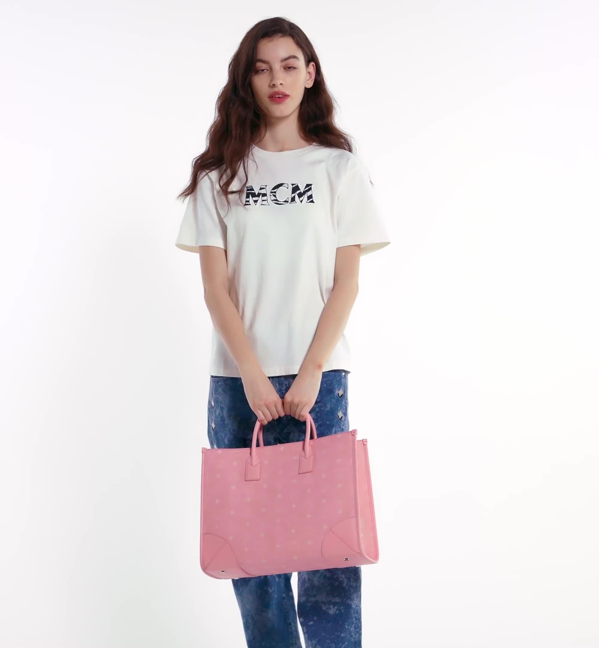 MCM, Bags, Mcm Munchen Sm Tote Pink Silver Missing Original Strap  Nwtfaint Stains